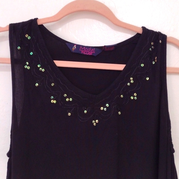 Model France Black Sleeveless Shift Dress w Sequin - Picture 5 of 14